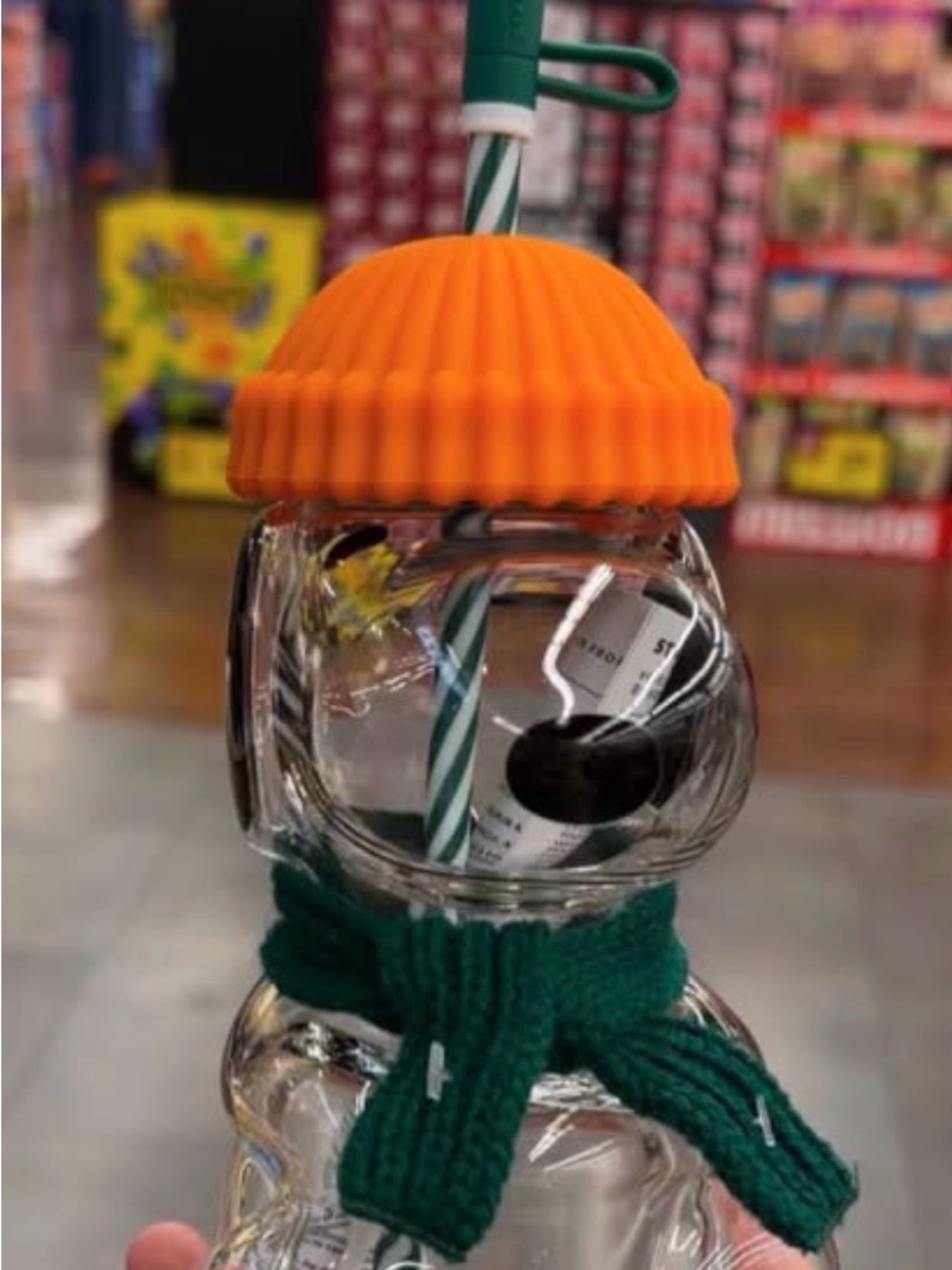 Starbucks Clear Snowman Kids Bottle with Orange Lid and Green Scarf